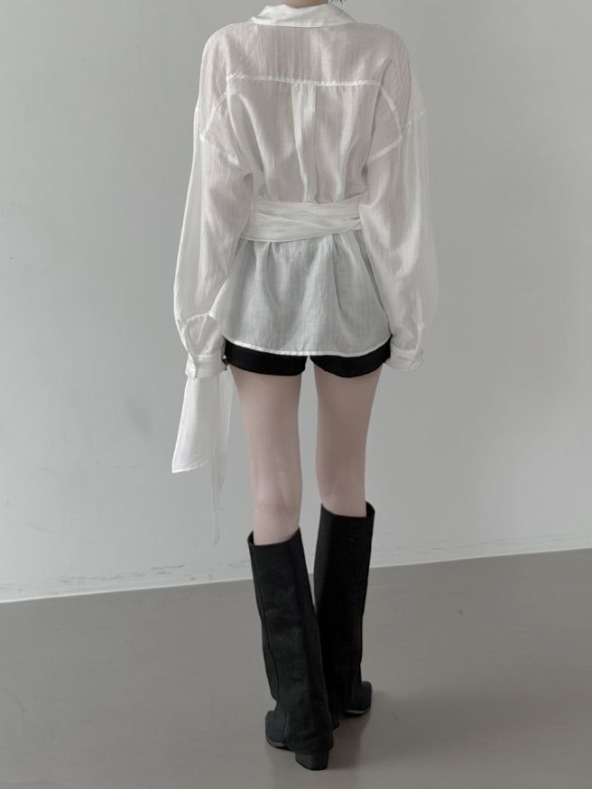 Sie Knot See-through Wrap Shirt Blouse