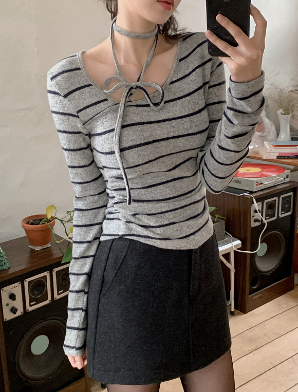 #Border Tie Point Slim Long Sleeve T-shirt (2color)