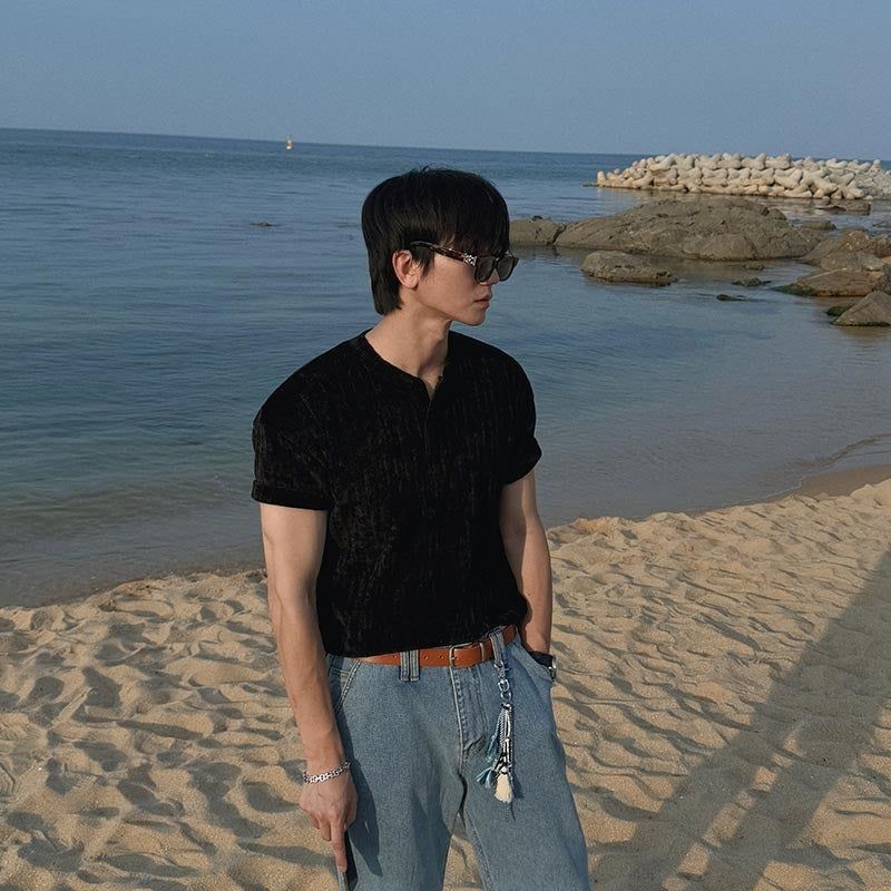 ASCLO 2nd ベロアヘンリーネックマッスル半袖Tシャツ (2color)