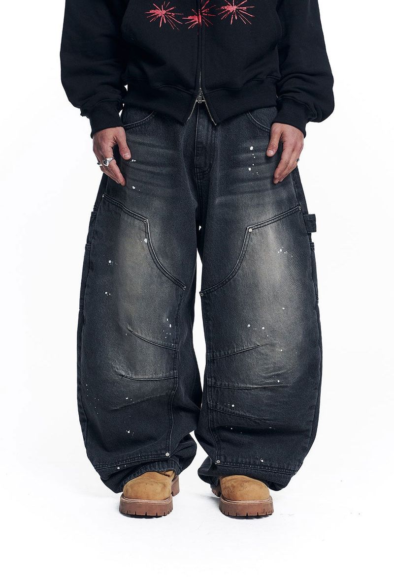 Curved Double Knee Denim Pants - Black
