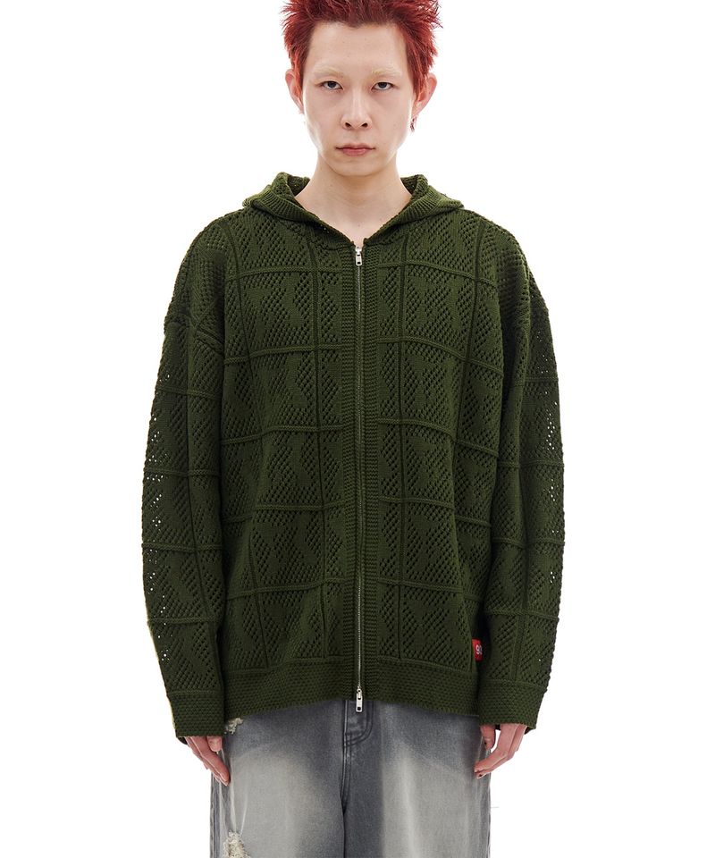 ARCHIVE BOLD（アーカイブボールド）の「NET KNIT HOOD ZIP-UP (OLIVE)（Tops）」