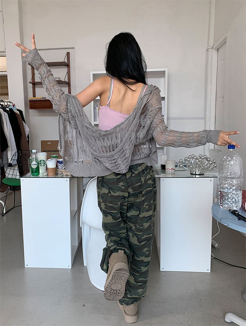 NET SEE-THROUGH KNIT HOOD ZIP-UP