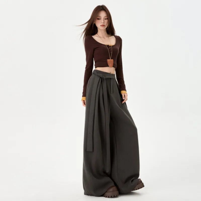 Gray Draped High Waist Wide Leg Slacks