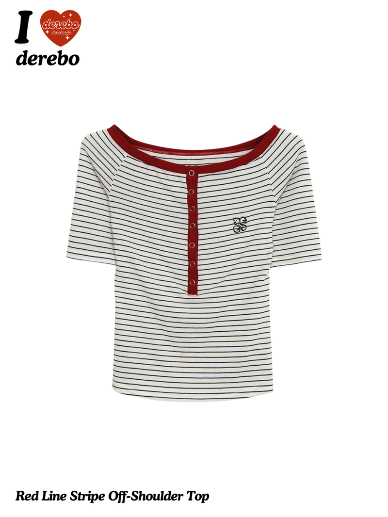 Red Line Stripe Off-Shoulder Top