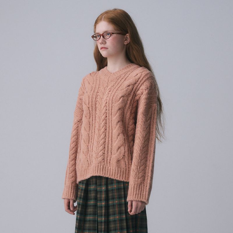 V-NECK CABLE KNIT PULLOVER, APRICOT