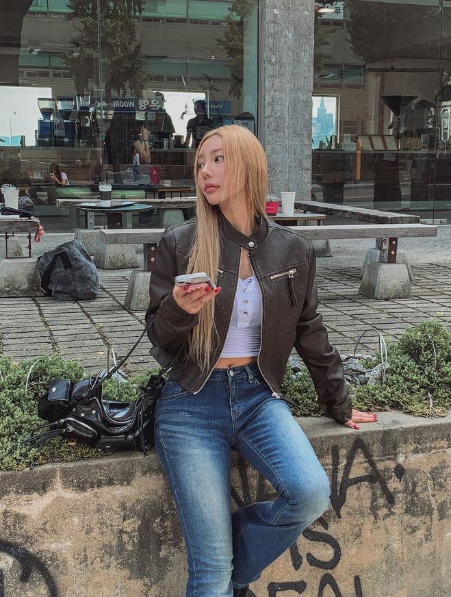 Oul vintage washing biker leather jacket