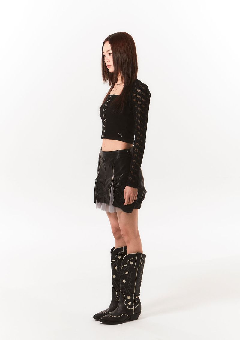 zipper leather shirring sk - black