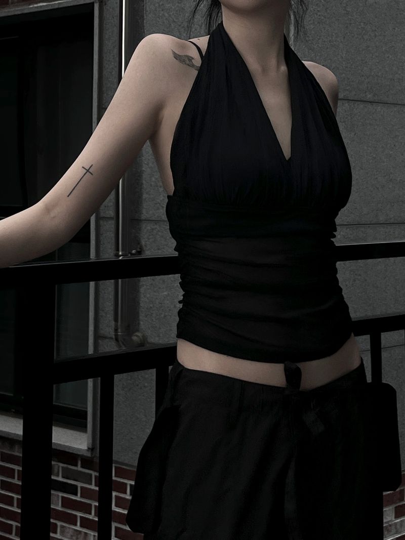 halterneck mesh shirring top