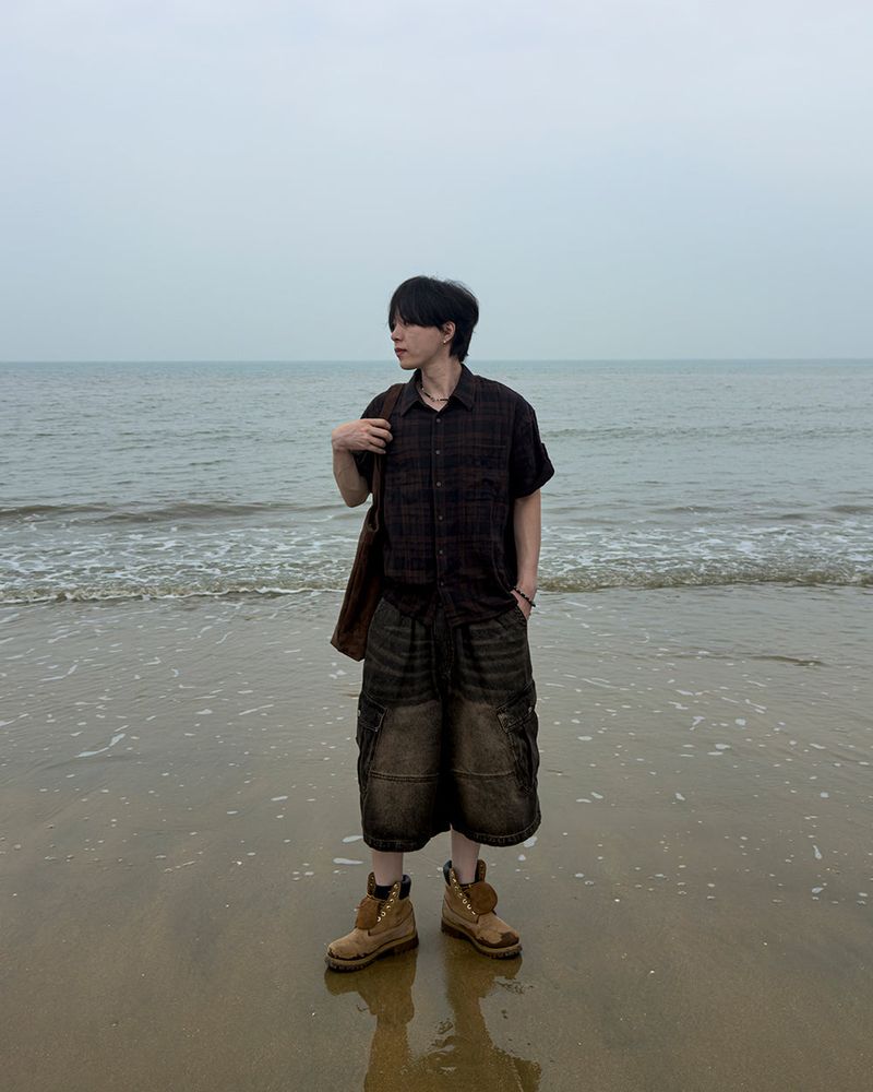 Embossed Texture Check Roll-Up Shirt