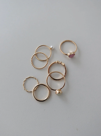 KITCH HEART & PEARL RING SET (SILVER, GOLD 2COLORS!)