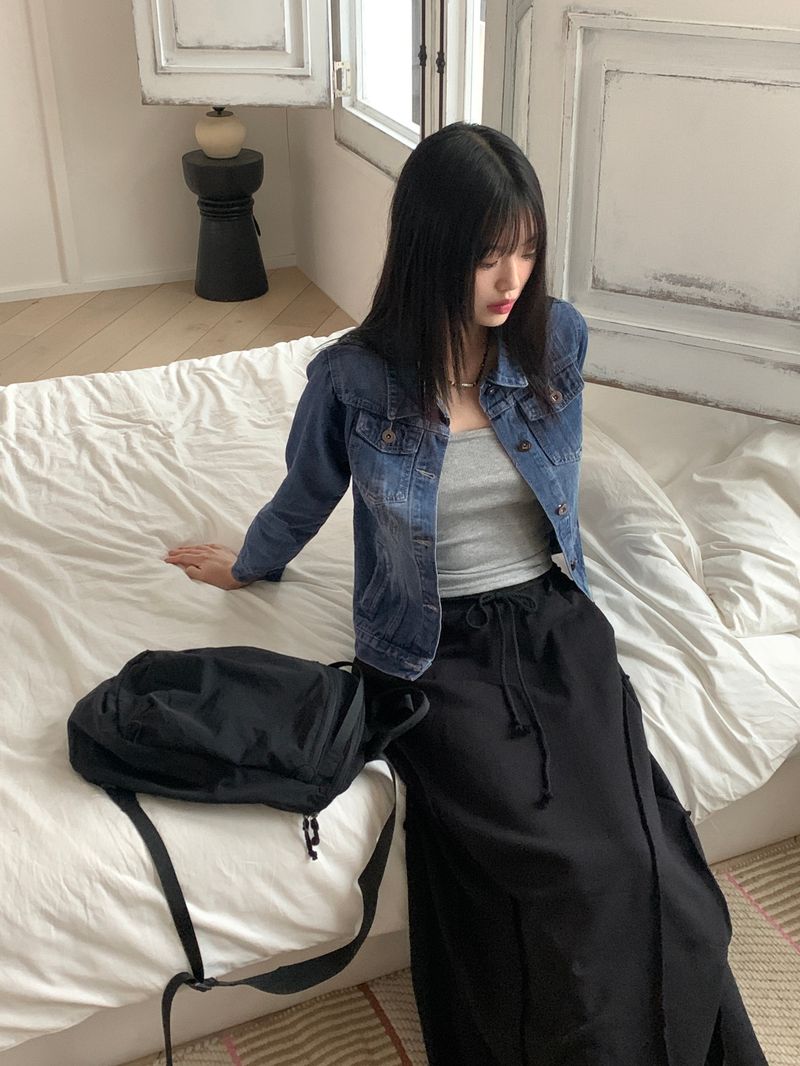 Turned damage slim fit denim jacket