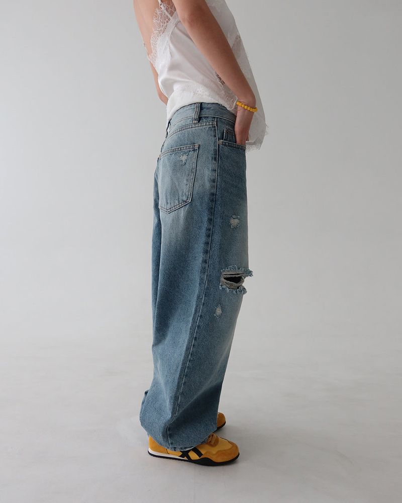 Roll-up collar vintage cutting wide denim