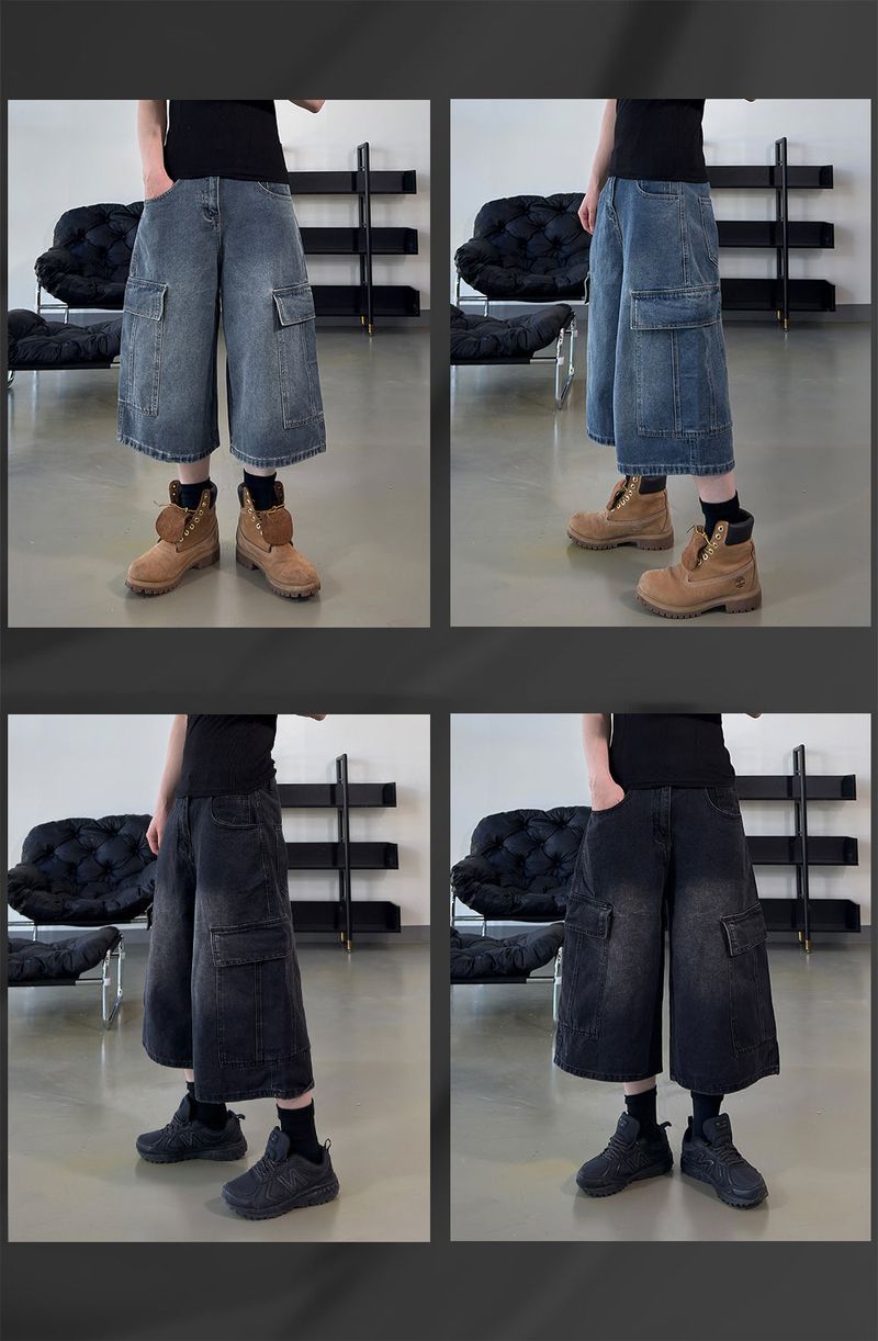 Kazen Washed Cargo Bermuda Denim Pants