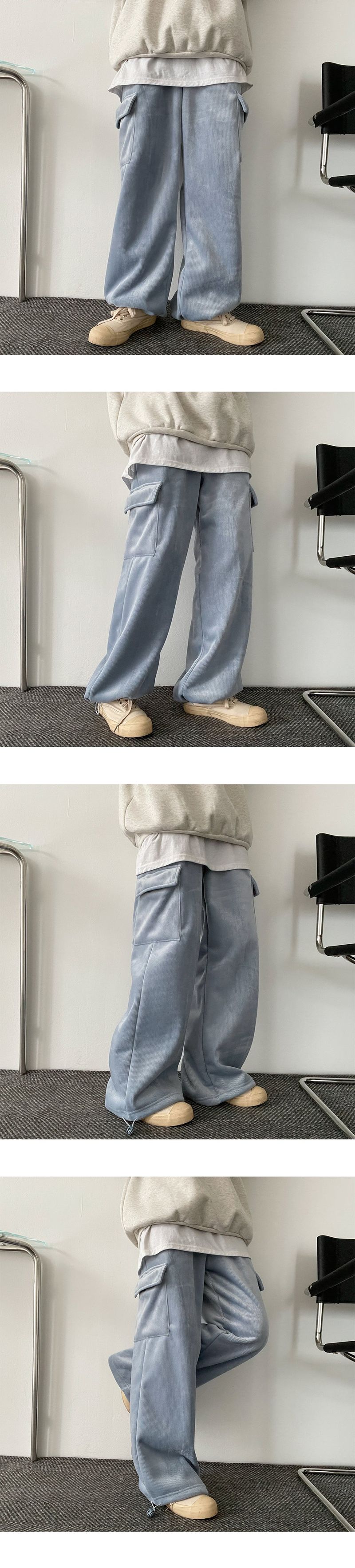 Lintbelo A Fleece-Lined Wool Lining String Ribbed Cargo Wide Pants