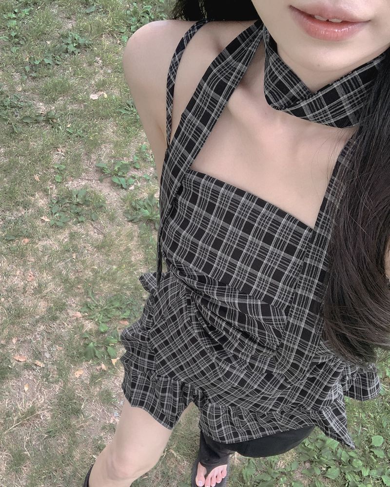 Miflang check blouse & tie set