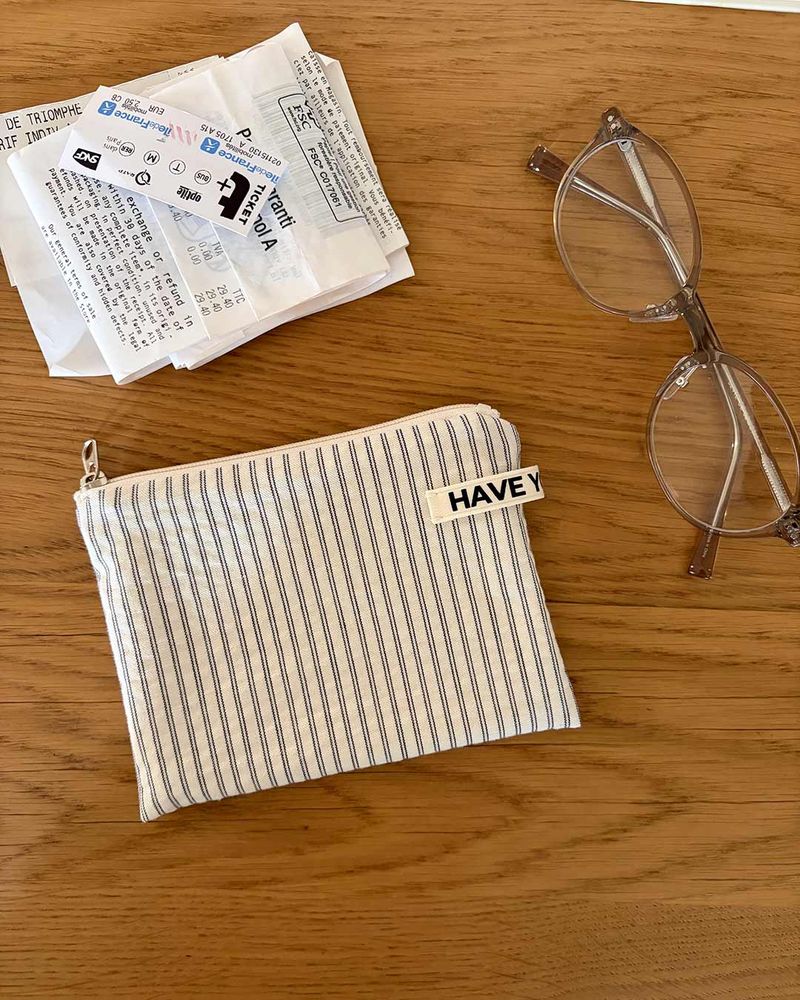 Cotton stripe flat pouch - ivory , S size