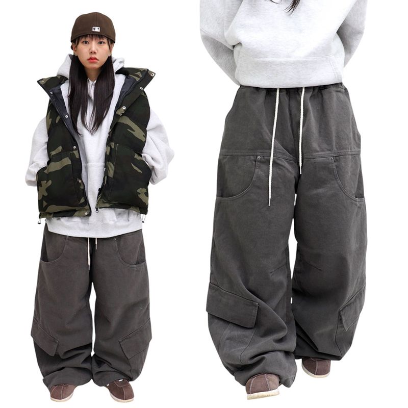 Wide Peach-Finish Utility Pocket Pants