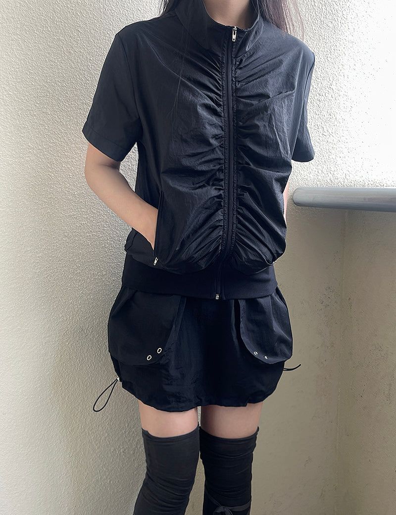 Wind high neck shirring short-sleeved jumper