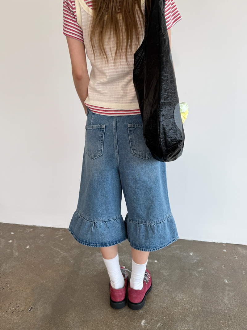 denim frill bermuda pants
