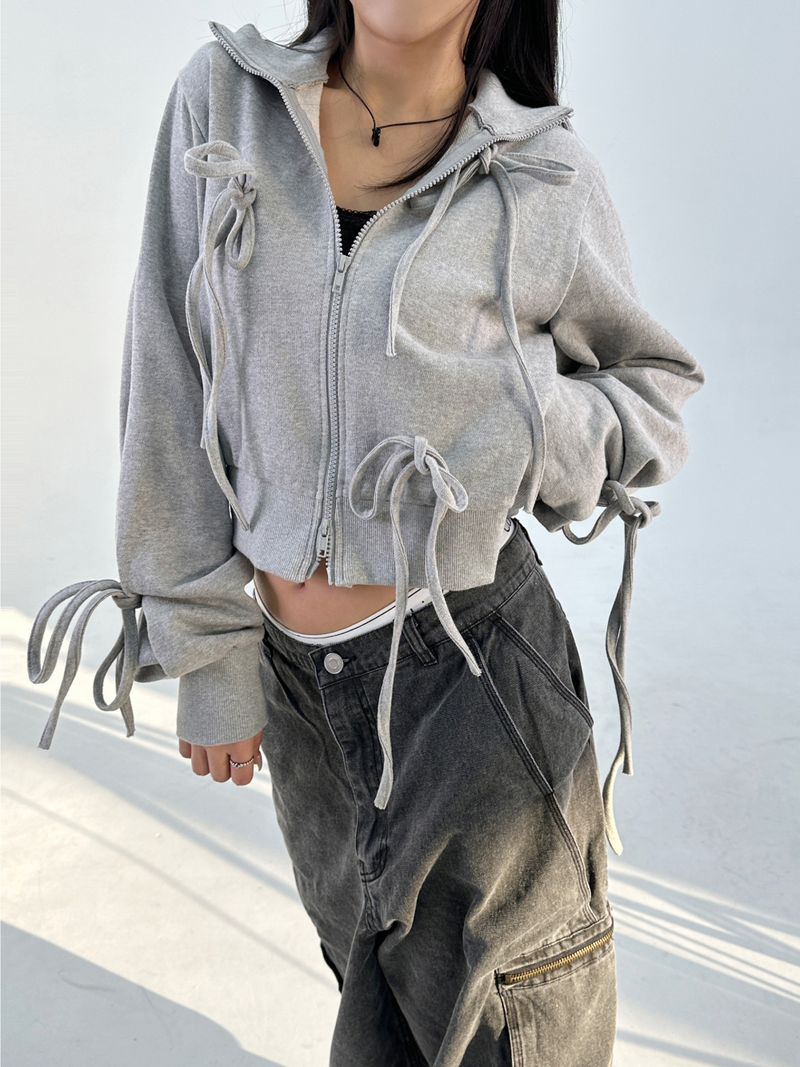 BOW HIGH-NECK HOOD ZIP-UP🖤🩶 - 2 COLORS