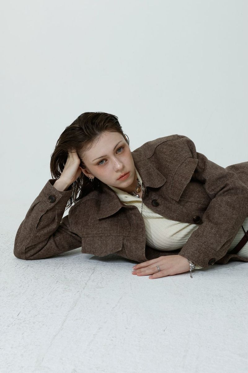 HERRINGBONE HALF COAT_BROWN