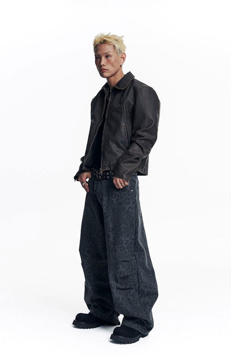 Curved Leopard Pants - Charcoal