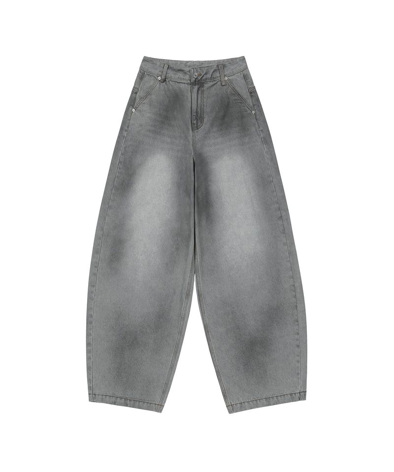 Dirty Washed Balloon Wide Denim Pants - LIGHT GRAY