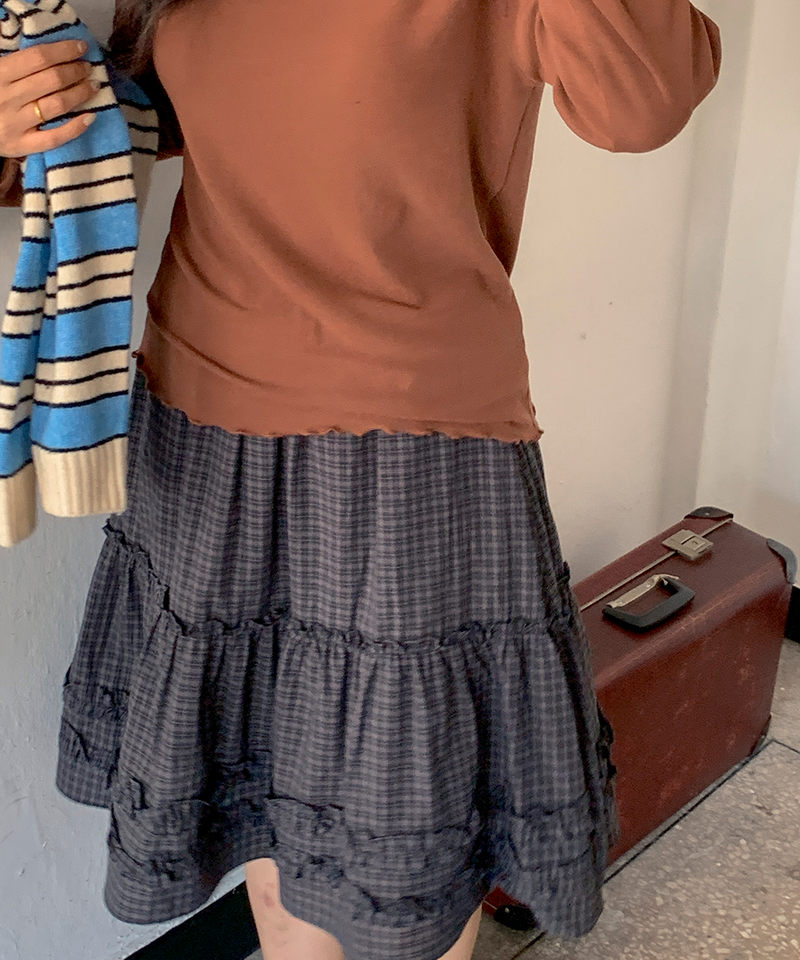Luen midi checkered skirt Fall layered frill soft fit