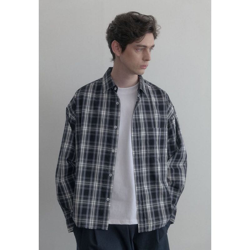 Vintage Washing gray blue check shirts