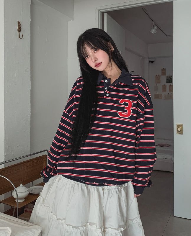 ULAN(ユレン)の「Arc collar patch stripe balloon sweatshirt(Tops)」
