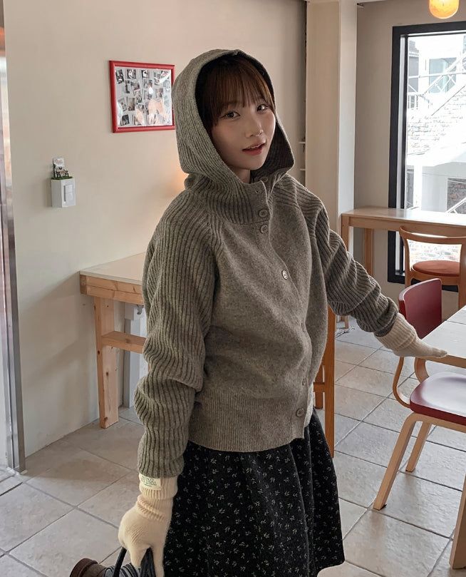 Higanne High Neck Angora Hood Knit Cardigan