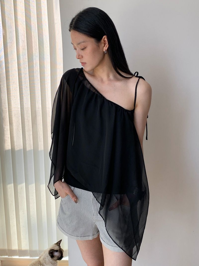 unbalanced chiffon see-through frill blouse