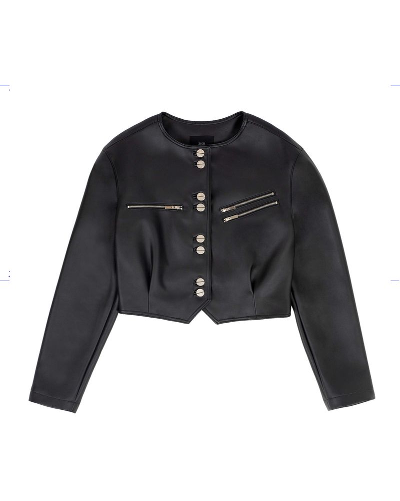 Faux-Leather Cropped Jacket _ Black