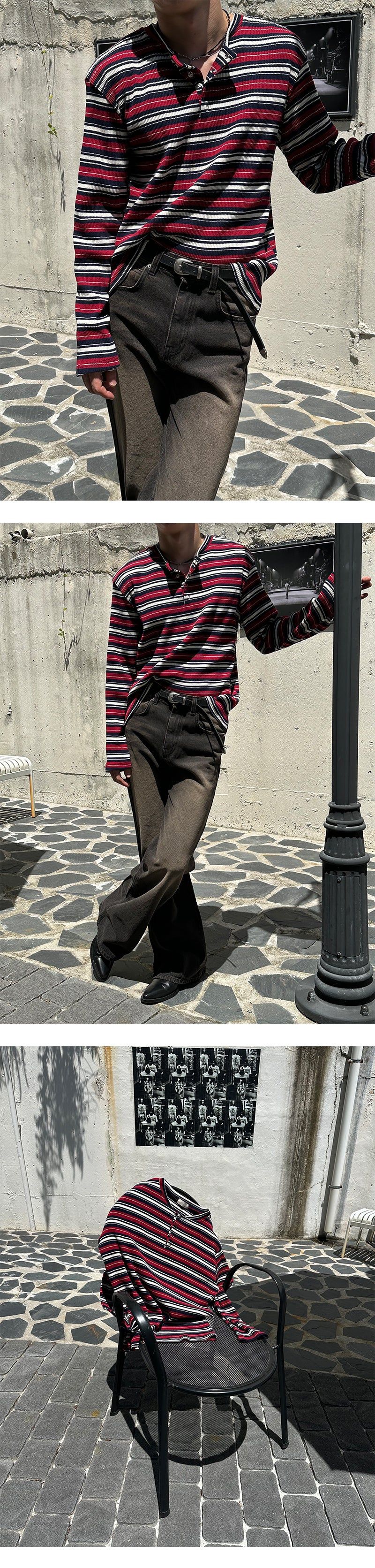 [F/W] Multi stripe henry neck long sleeves (3color)