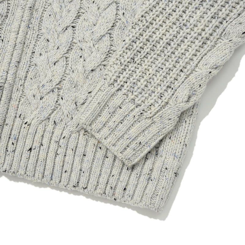 UNI LOGO WAPPEN CABLE COLLAR KNIT ZIP UP [LIGHT GRAY]