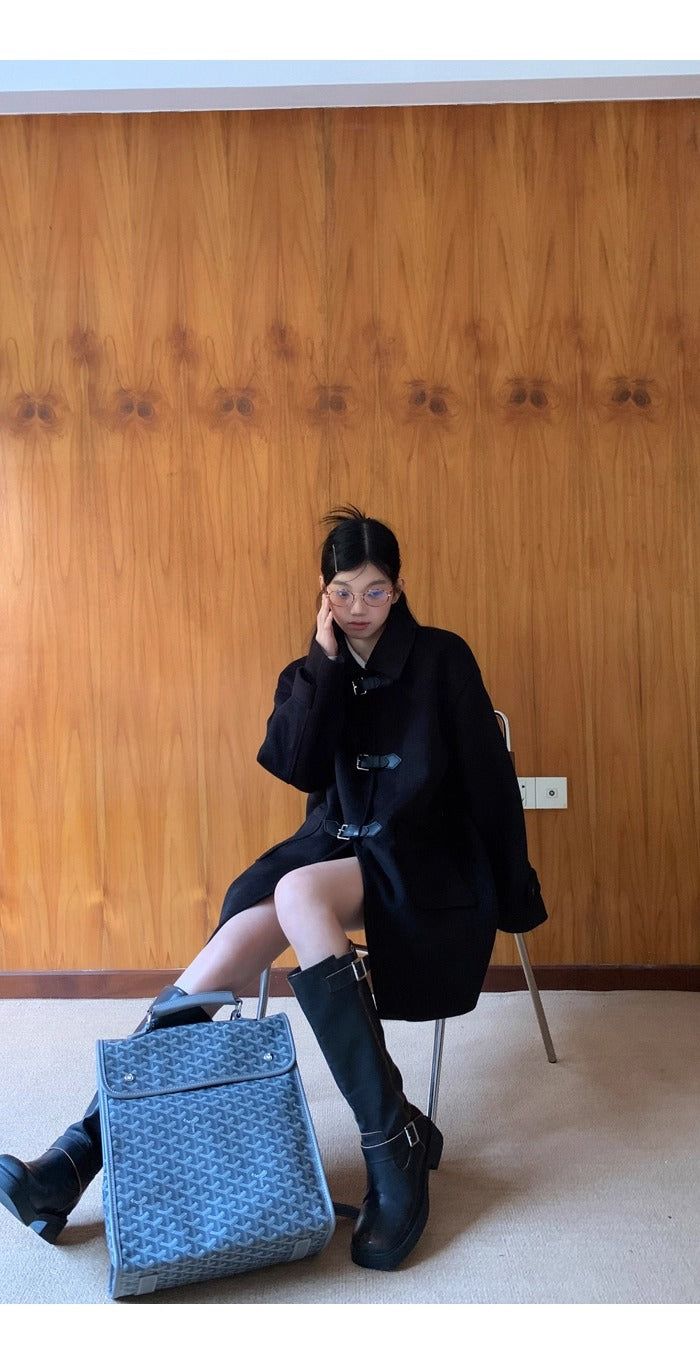 wool black collar buckle half coat