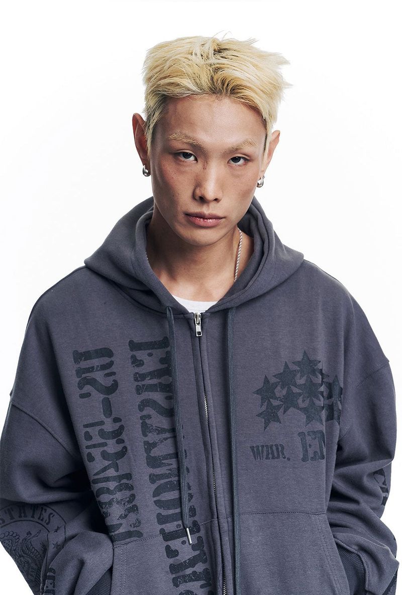 Marine Crack Print Hooded Zip-Up - Charcoal