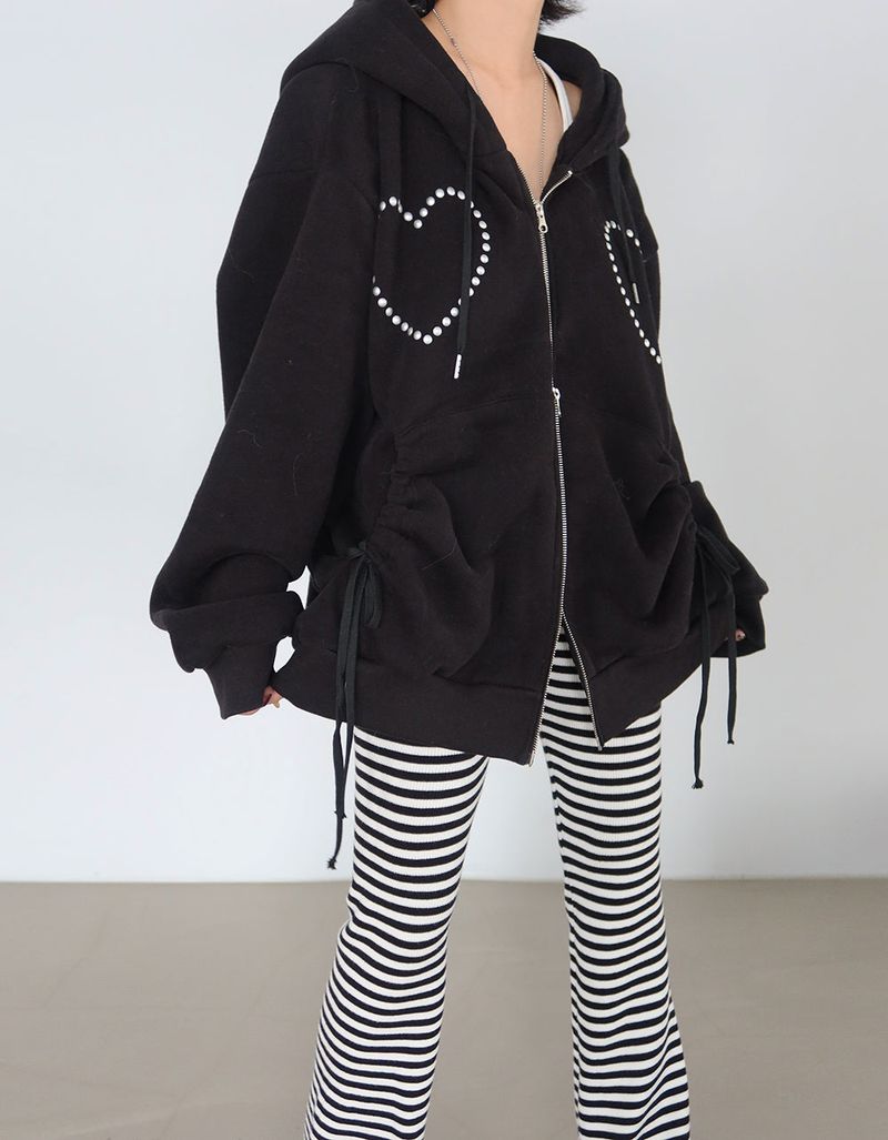 Wool napping heart wrinkle shirring hooded zip-up