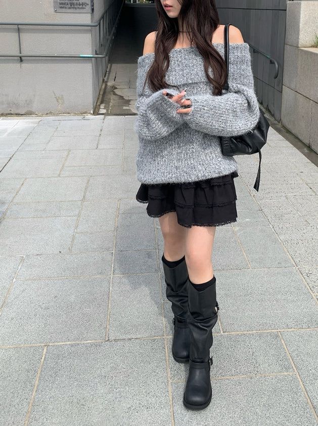 [Scrunchie Set] Nora Off-Shoulder Loose Knit