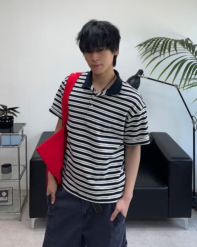 SATIIIZ（サティーズ）の「Terran Stripe Crop Collar Tee（Tops）」
