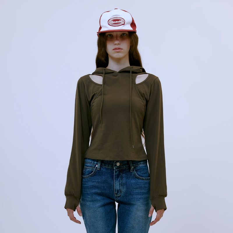 13MONTH(サーティーンマンス)の「Cut Out Slim Hoodie (BROWN)(Tops)」