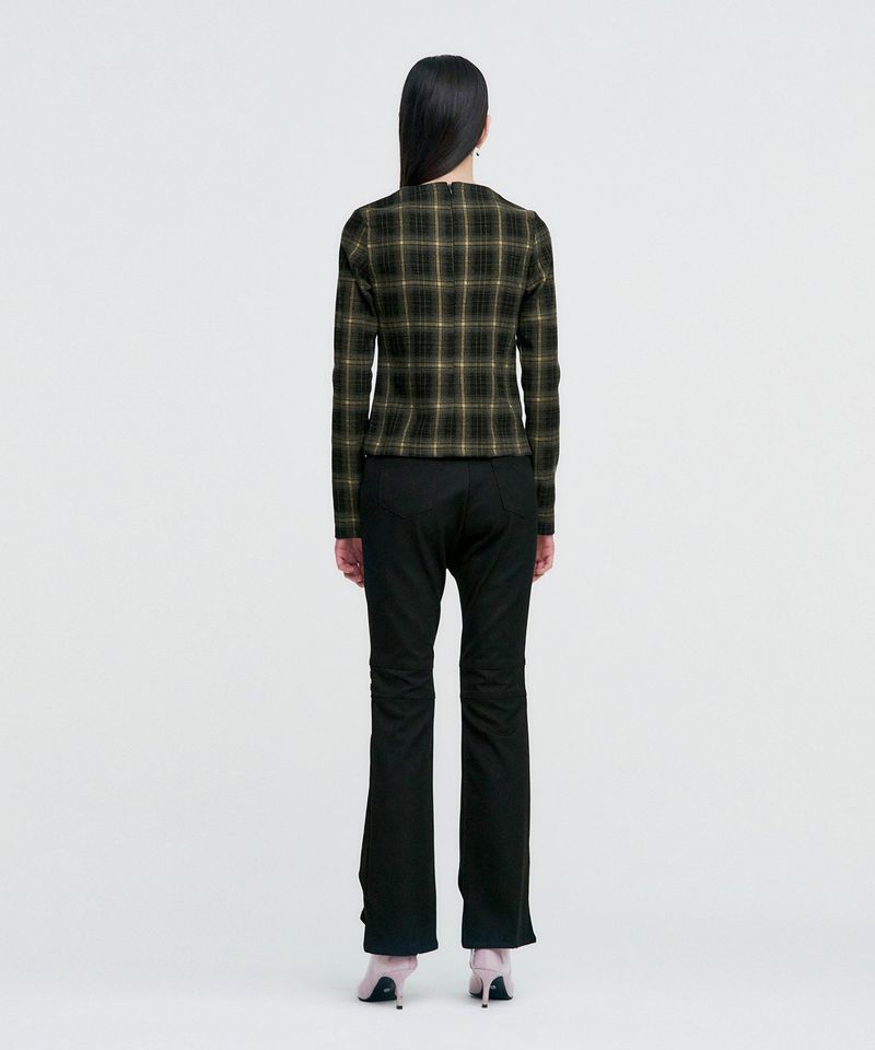 Twisted Check High-neck Top _ KHAKI