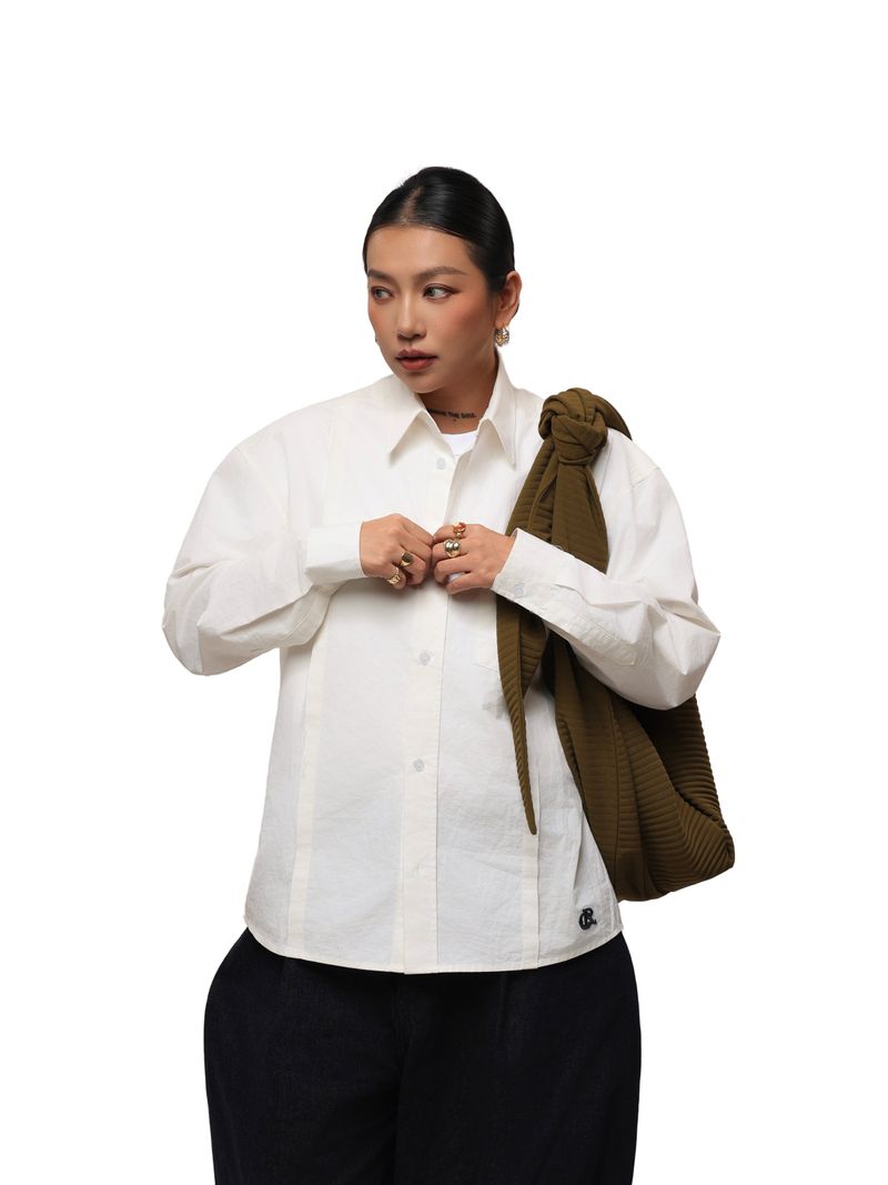 6CRAYON Patchwork Basic Beige Cotton Poplin Embroidered Shirt