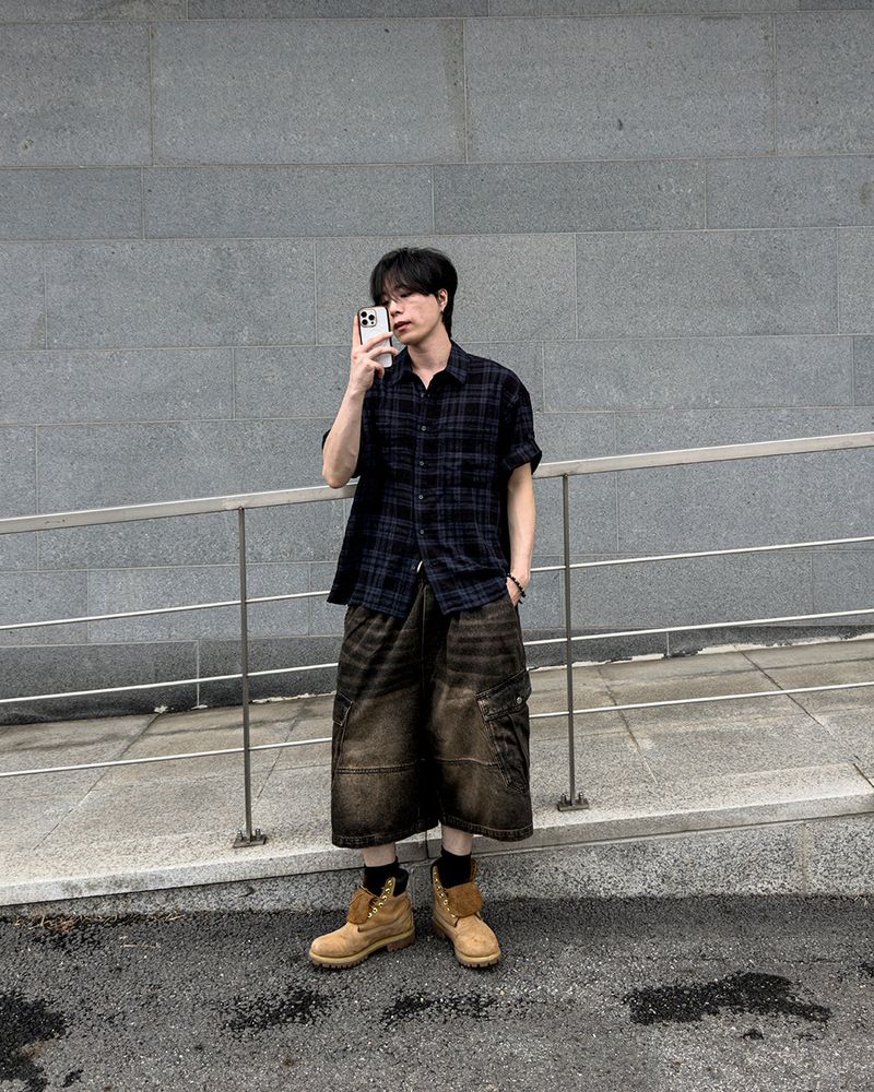 Embossed Texture Check Roll-Up Shirt