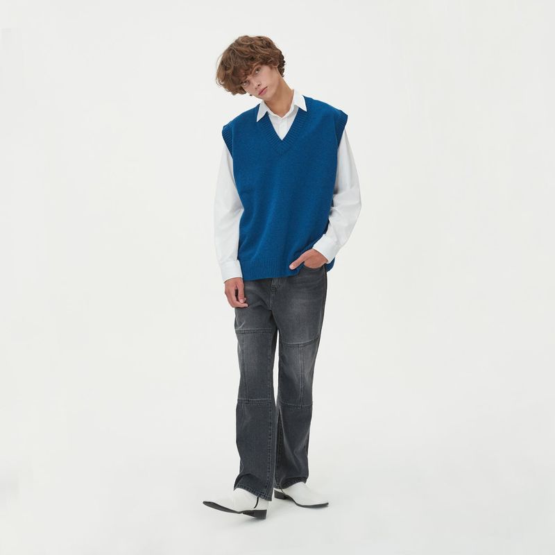 LAMBSWOOL V NECK KNIT VEST_BLUE