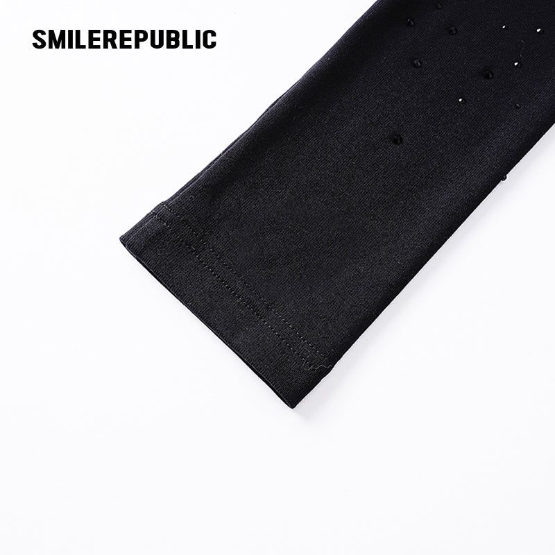 Black Rhinestone Embellished Cotton Blend Asymmetrical Off-Shoulder Long Sleeve Knit Top for Women