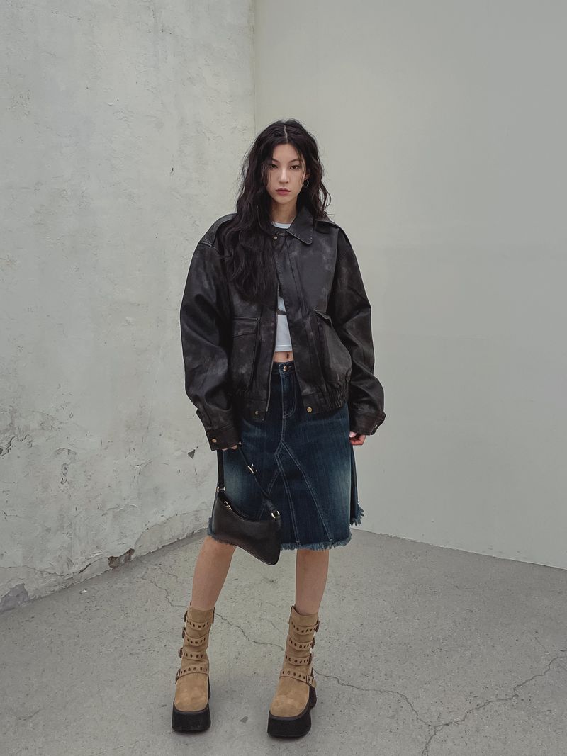 (UNISEX) グリフウォッシングレザー航空ジャンパー