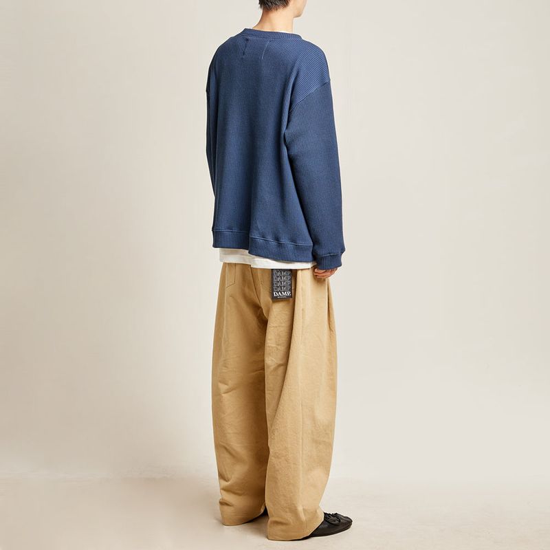 DAMP ROUND-NECK WAFFLE CARDIGAN_NAVY