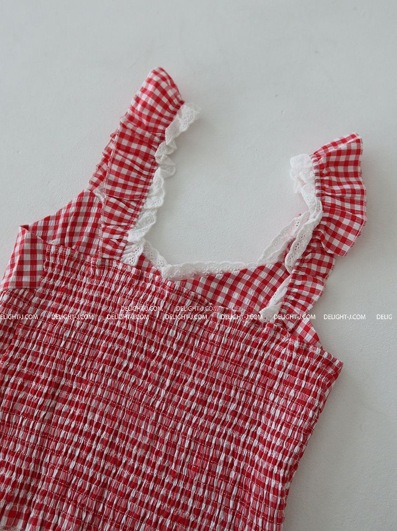 Check lace smoke banding blouse
