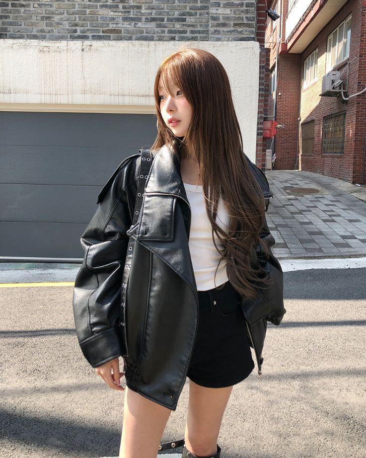 Saint High-Neck Unbalanced Leather Jacket